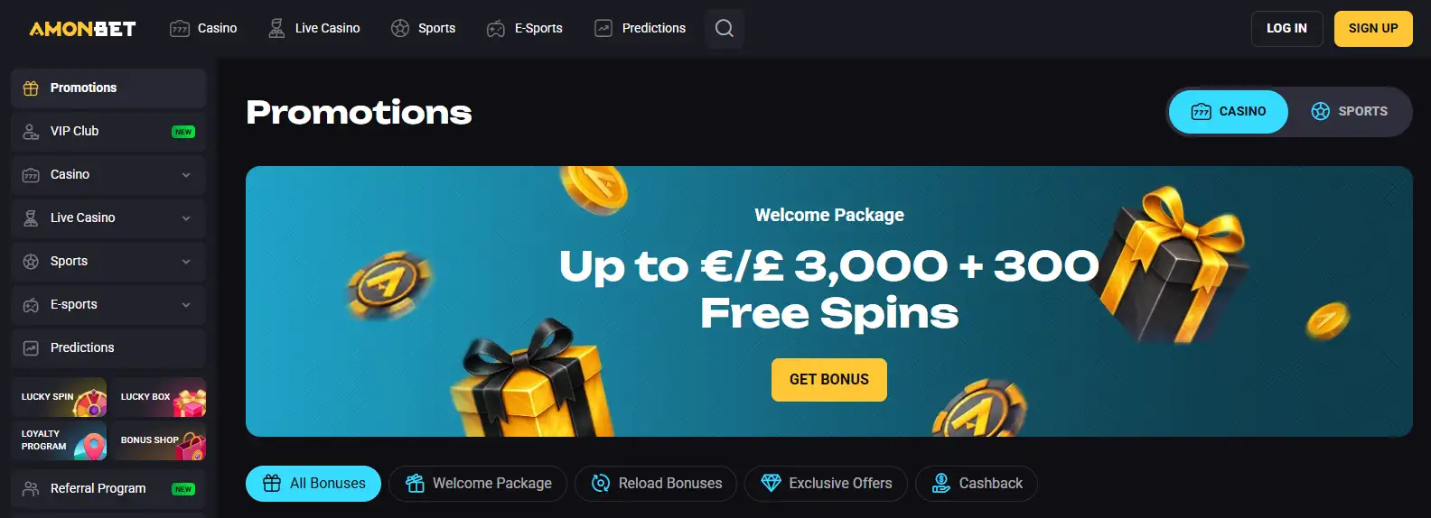 Current Amonbet promotions page showing the casino promotion overview