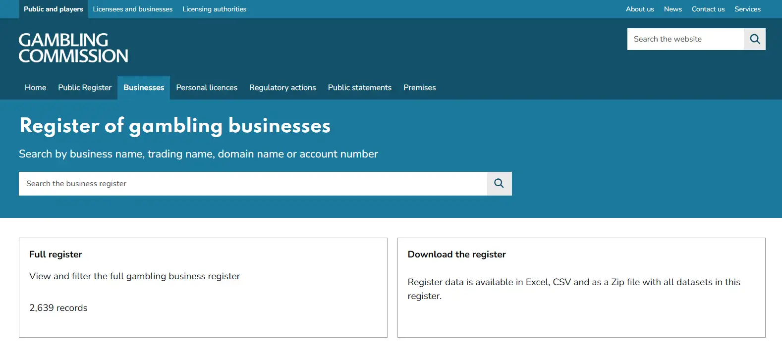 UK Gambling Commission public business register for gambling business licence records